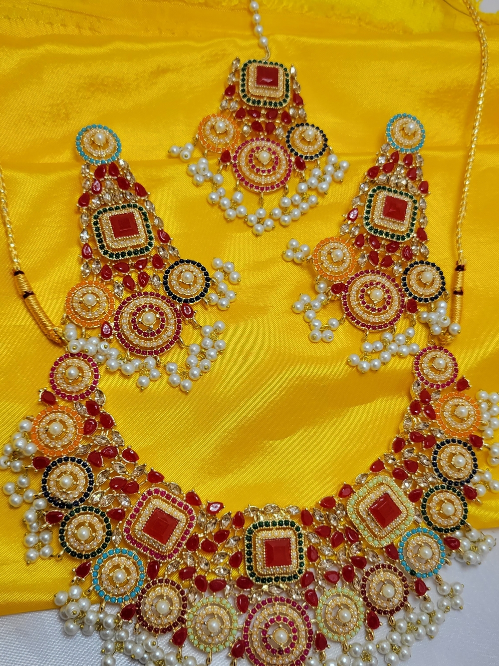 Traditional Gold-Tone Red & Pearl Statement Necklace Set